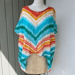 Chico’s Linen Poncho Top S/M OS Chevron Teal Coral Beachy Oversized Flowy